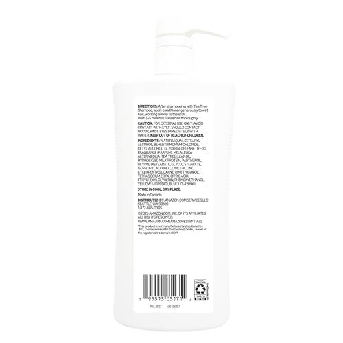 Amazon Essentials Tea Tree Mint conditioner label close-up showing nourishing daily conditioning with tea tree oil.
