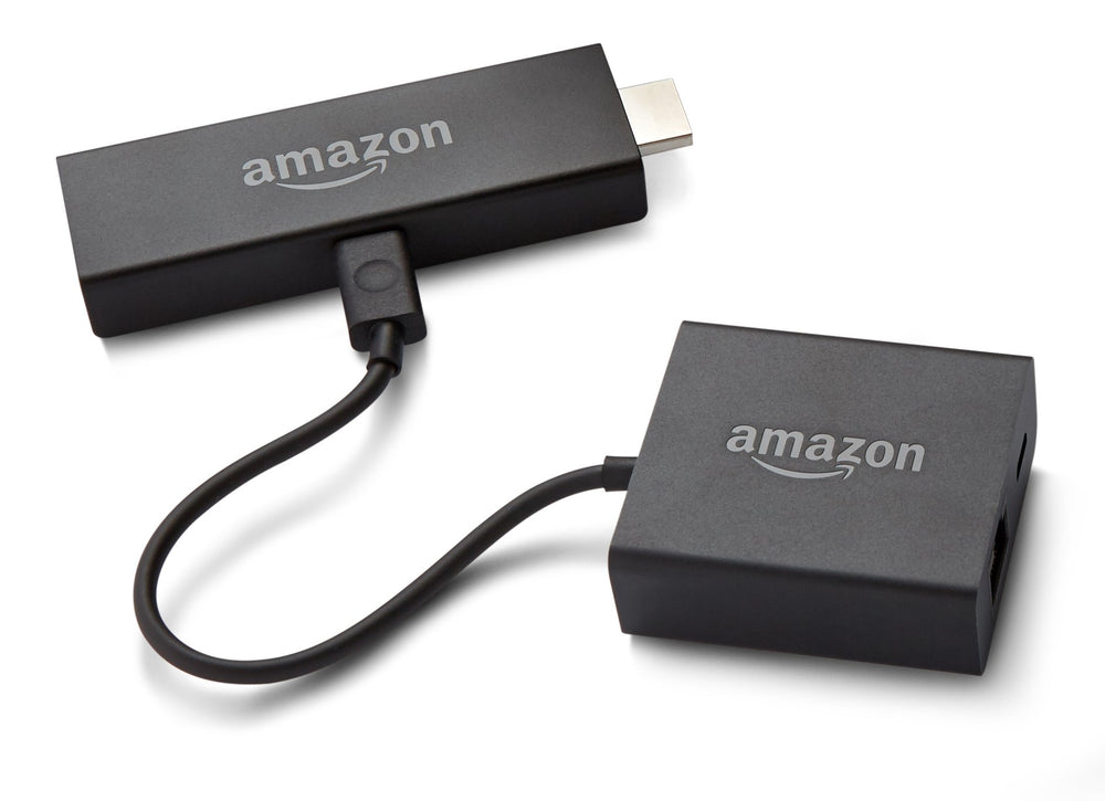 Amazon Ethernet Adapter with Ethernet cable plugged for consistent speeds