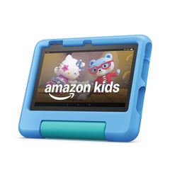 Amazon Fire 7 Kids Tablet front view in blue case, safe for kids.
