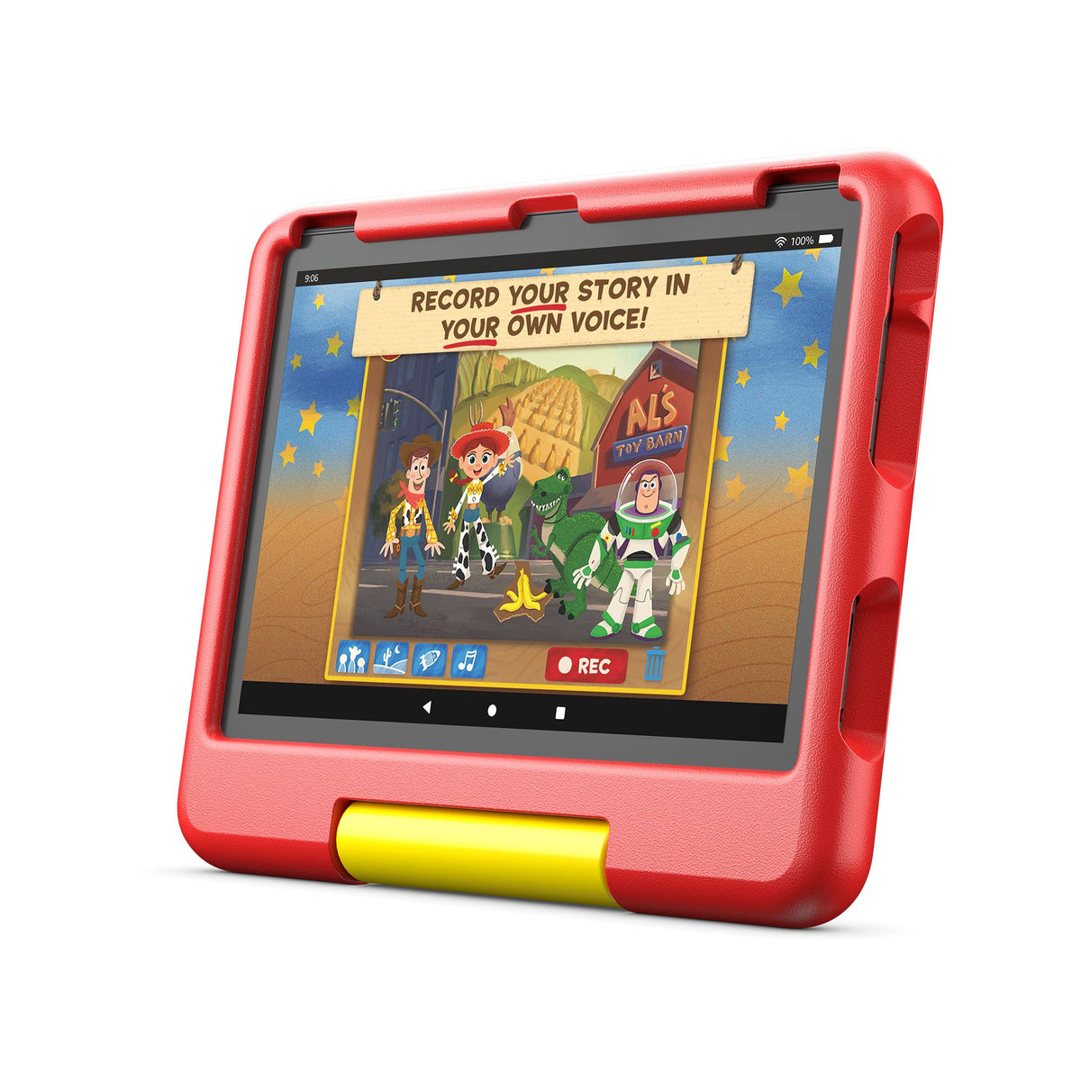 Amazon Fire HD 10 Kids tablet front view with Toy Story edition for family-friendly play