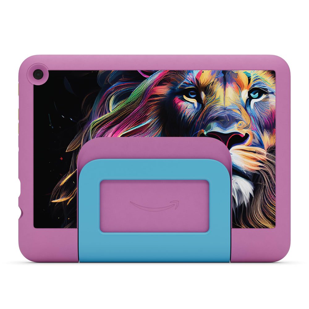 Amazon Fire HD 8 Kids Pro tablet showing bright 8-inch screen with vivid colors.