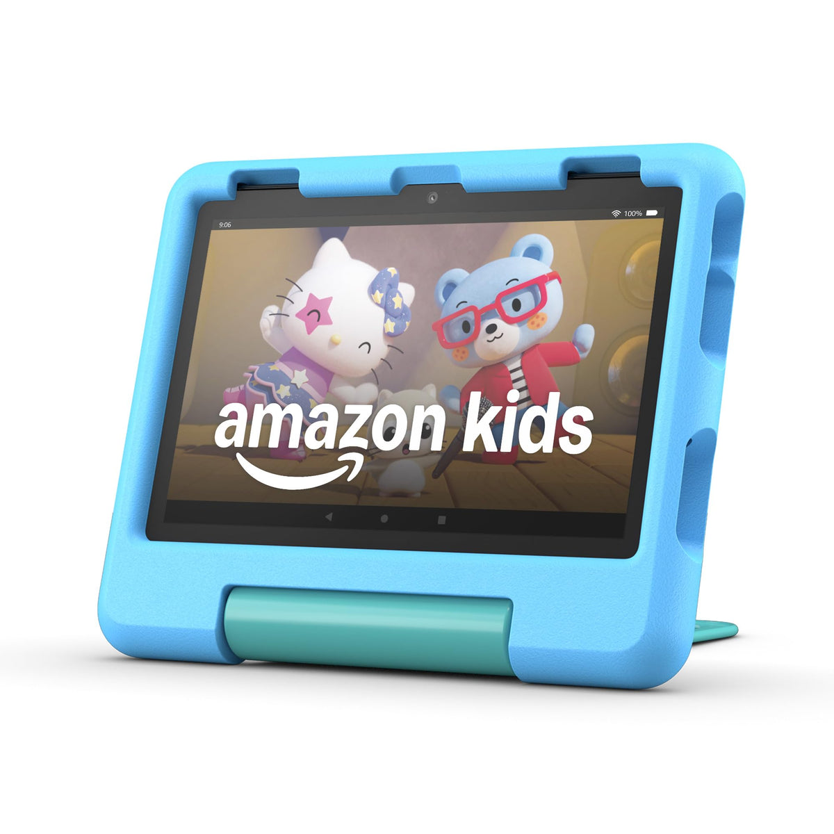 Amazon Fire HD 8 Kids Tablet blue front view highlighting durable learning-friendly design.