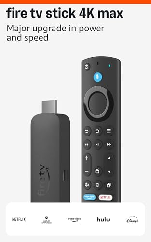 Amazon Fire TV Stick 4K Max remote with live TV and voice control buttons.