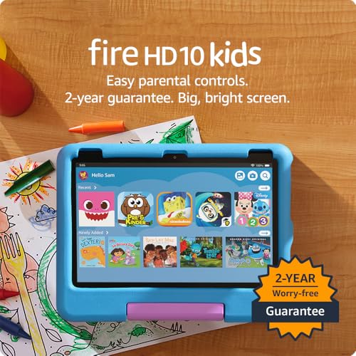 Amazon Fire HD 10 Kids tablet shows content library with parental controls