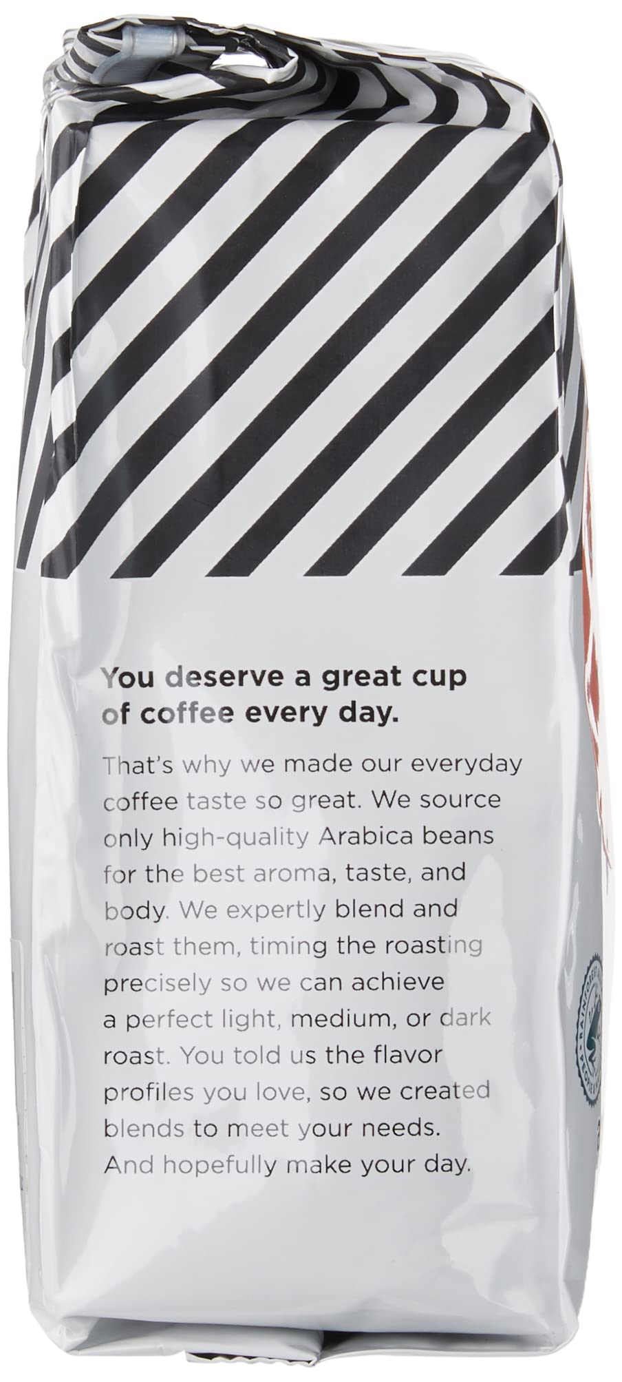 Amazon Fresh Colombia ground coffee bag back label with flavor notes.