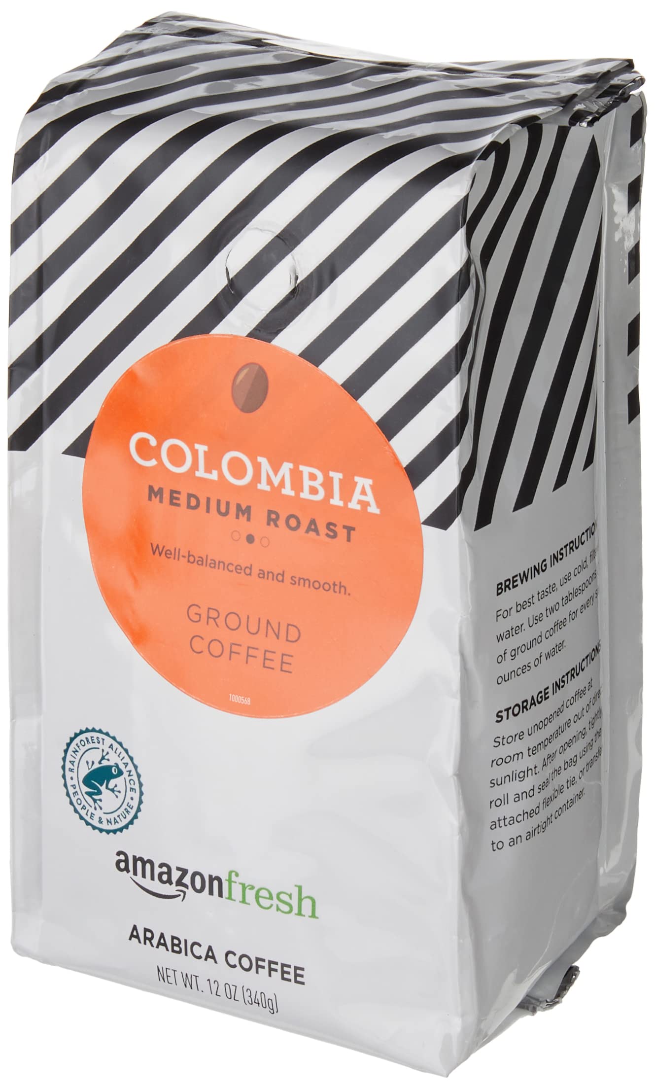 Amazon Fresh Colombia ground coffee bag front label highlights origin and roast.