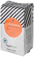 Amazon Fresh Colombia ground coffee bag front label highlights origin and roast.