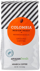 Amazon Fresh Colombia ground coffee 12 oz bag with balanced medium roast.
