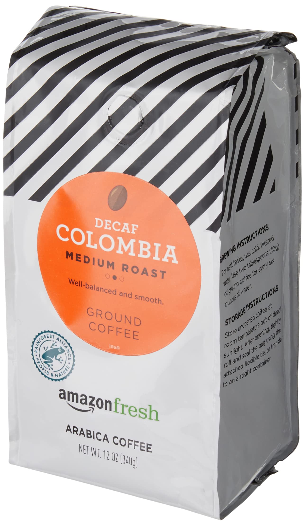 Amazon Fresh decaf Colombia ground coffee packaging in a three-pack for freshness
