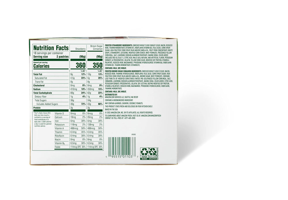 Amazon Fresh Frosted Toaster Pastries variety box open, showing 36 pastries.