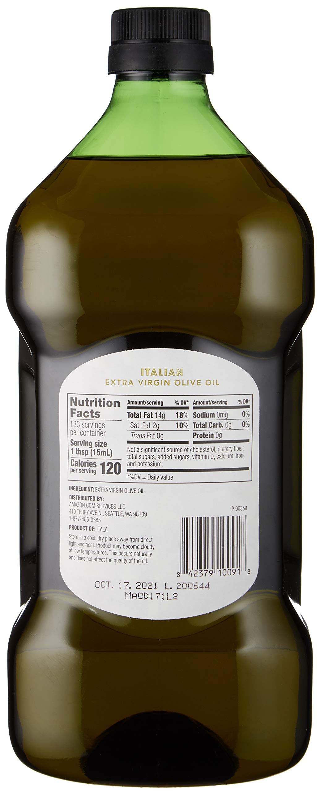 Amazon Fresh Italian EVOO label close-up highlighting premium quality.