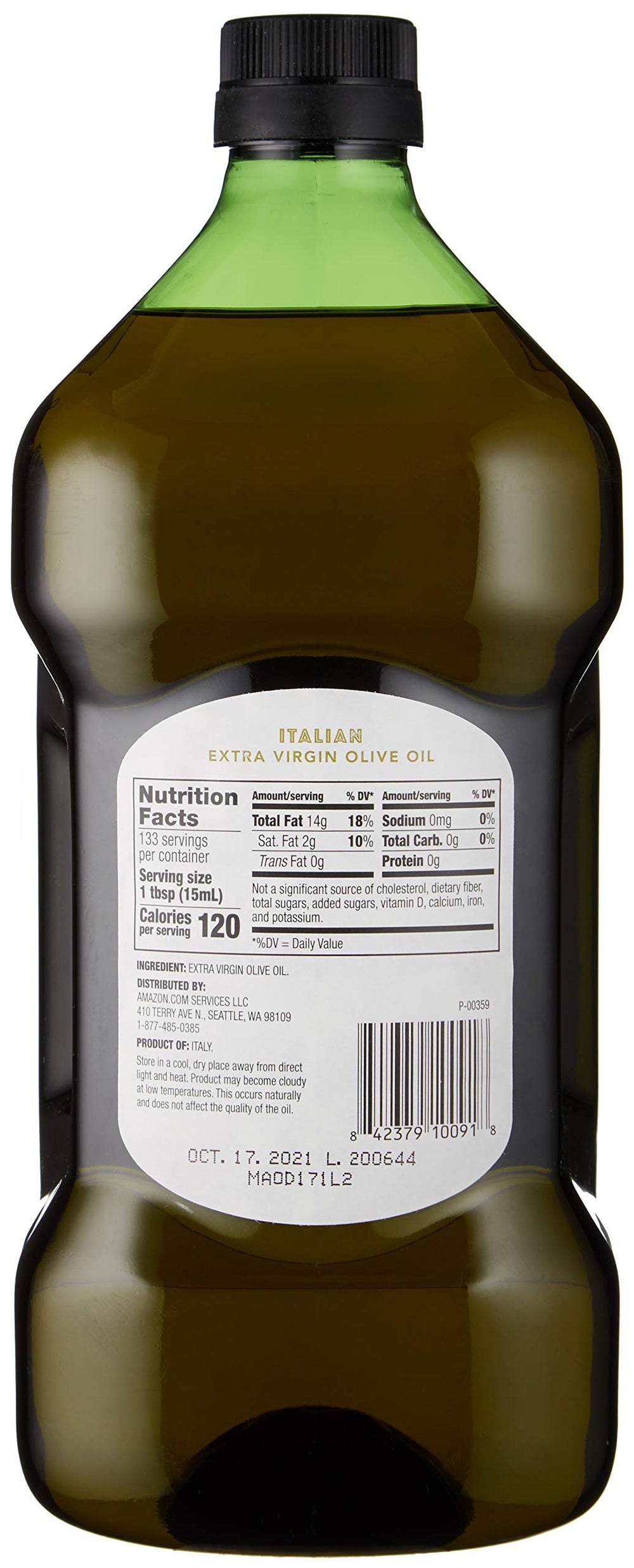 Amazon Fresh Italian EVOO label close-up highlighting premium quality.