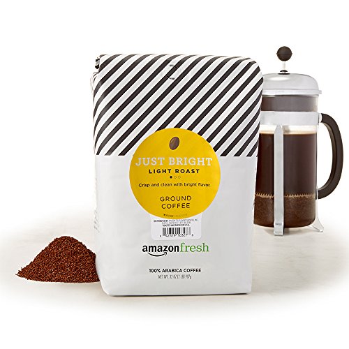 Amazon Fresh Just Bright ground coffee bag ready for a fresh morning brew.