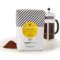 Amazon Fresh Just Bright ground coffee bag ready for a fresh morning brew.