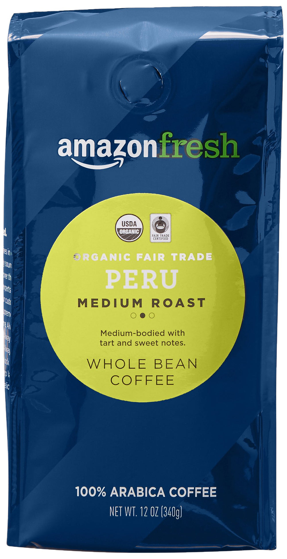Amazon Fresh Peru organic fair trade whole-bean coffee, ready for grinding.