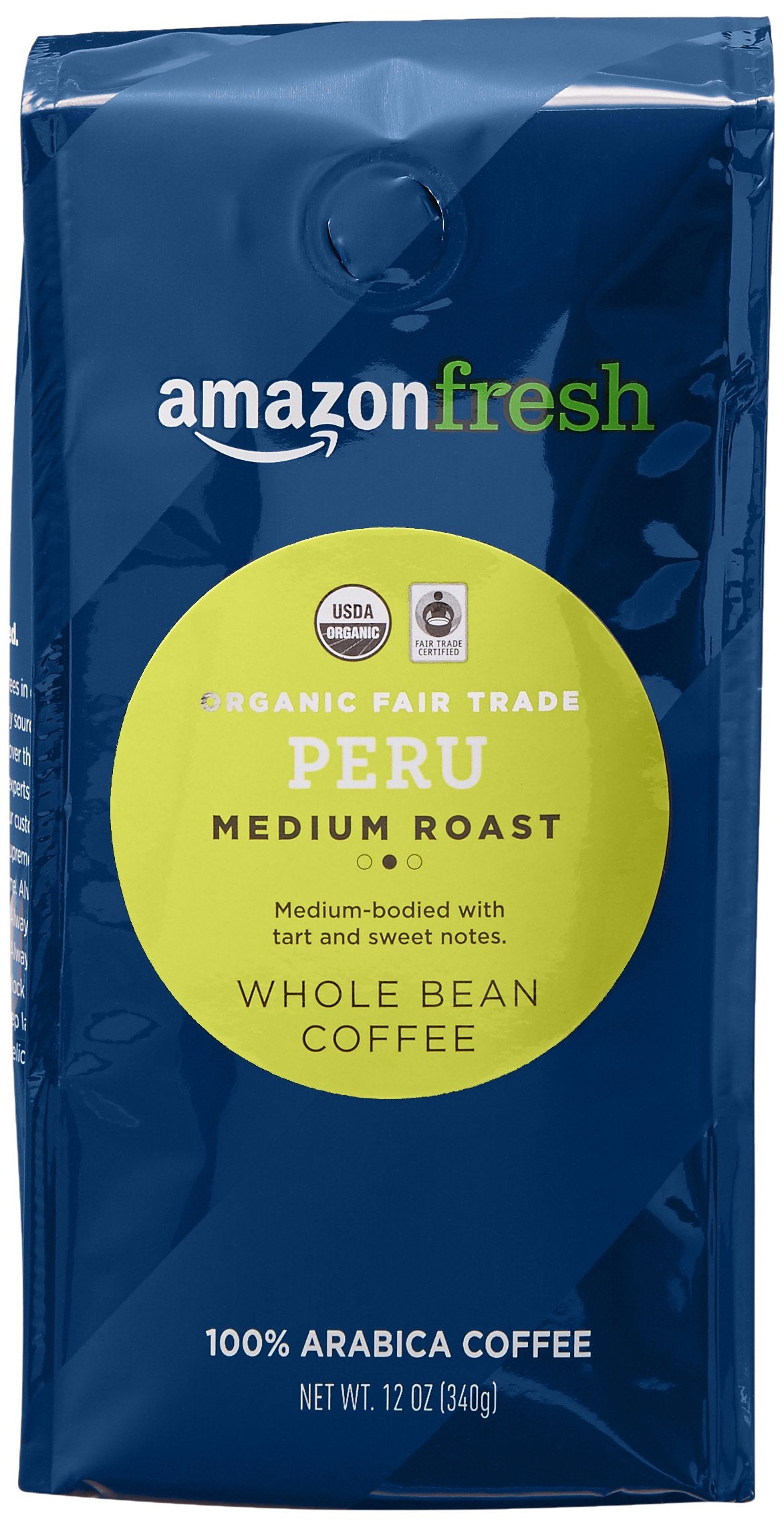 Amazon Fresh Peru organic fair trade whole-bean coffee, ready for grinding.