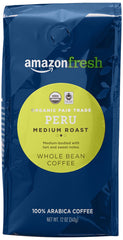 Amazon Fresh Peru organic fair trade whole-bean coffee, ready for grinding.