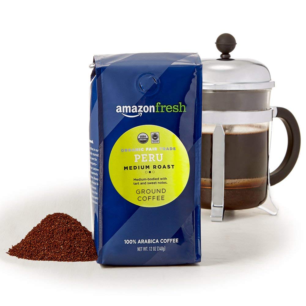 Amazon Fresh Peru organic ground coffee bag closeup—rich aroma boosts alertness.
