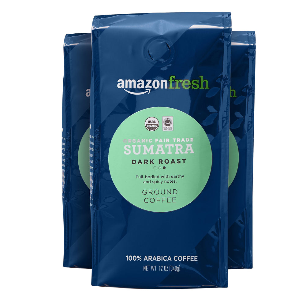Amazon Fresh Sumatra coffee pack front displaying organic fair trade branding, ideal for a bold morning ritual.
