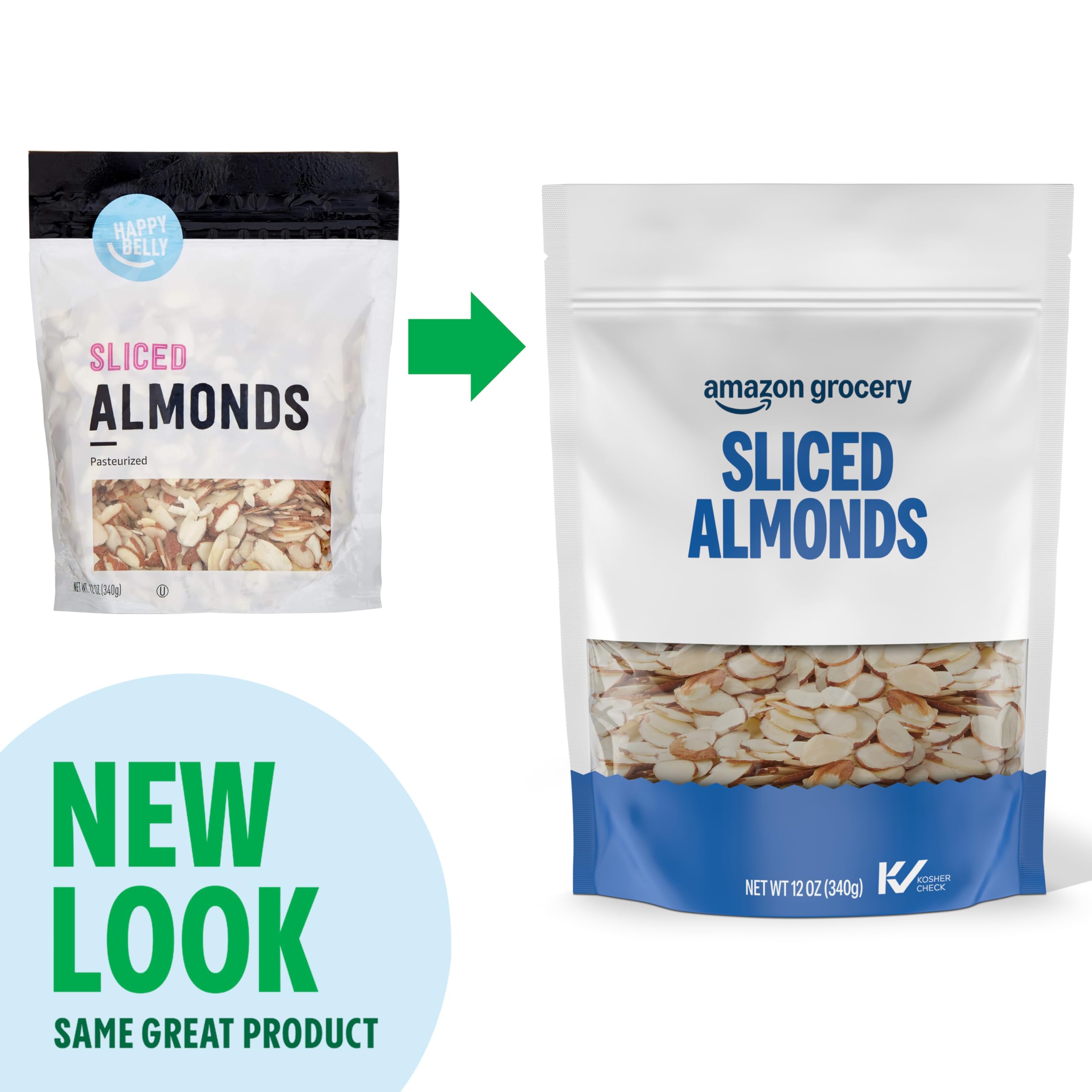 Amazon Grocery almond ingredients with allergen note, clear labeling for awareness.