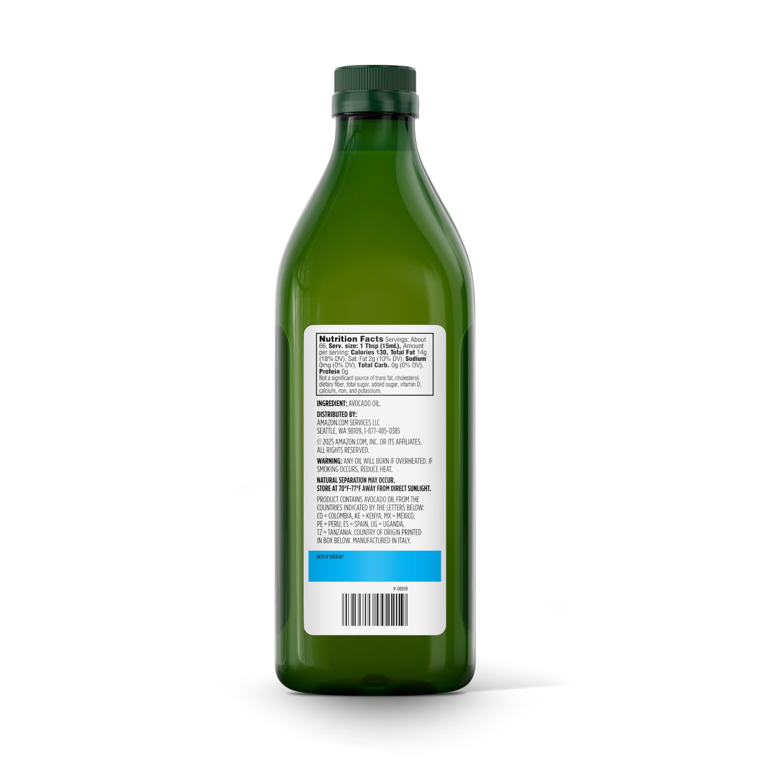 Amazon Grocery avocado oil bottle label with Non-GMO verification