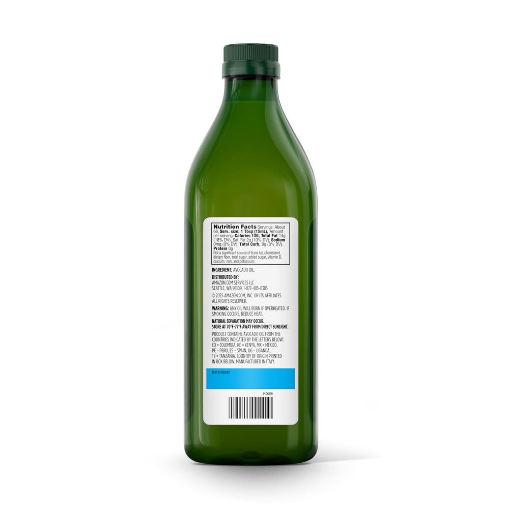 Amazon Grocery avocado oil bottle label with Non-GMO verification