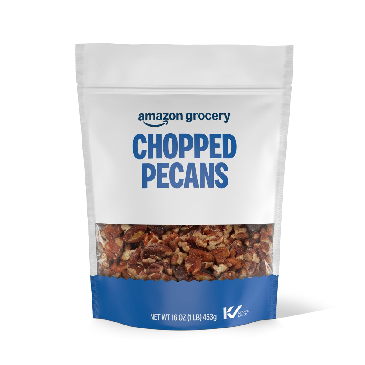 Amazon Grocery chopped pecans 16oz bag, ready for baking and snacking.