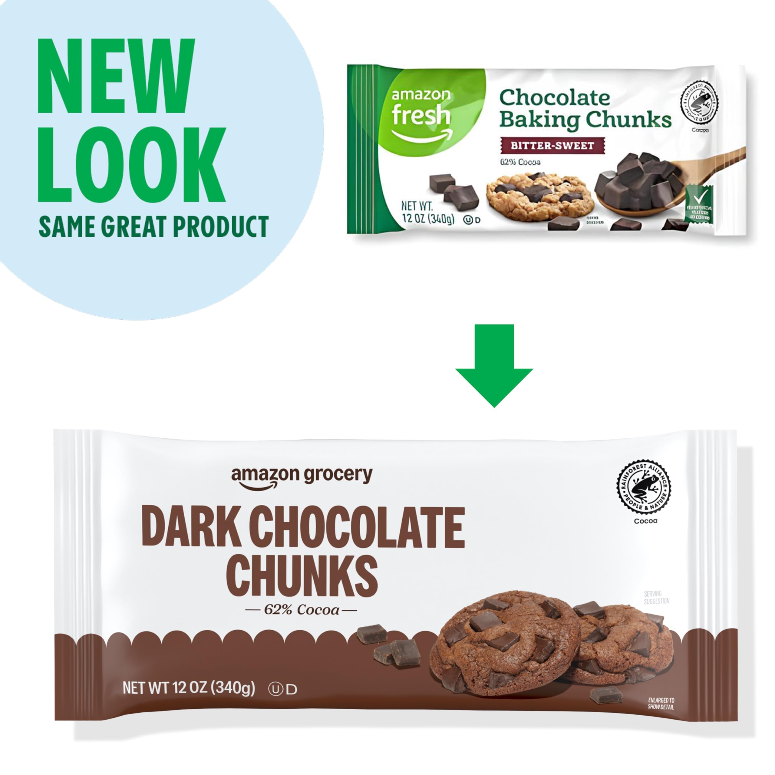 Amazon Grocery dark chocolate chunks label notes soy and possible milk.