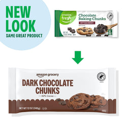 Amazon Grocery dark chocolate chunks label notes soy and possible milk.