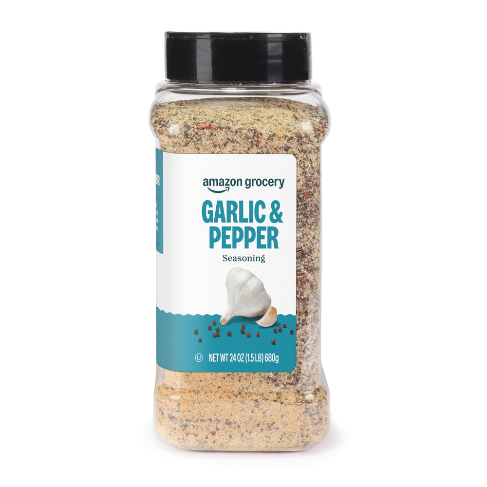 Amazon Grocery Garlic & Pepper Seasoning 24oz bottle front, bold flavor for grilling
