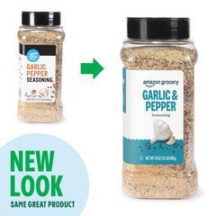 Amazon Grocery Garlic & Pepper Seasoning on grill, adds savory crust to meat