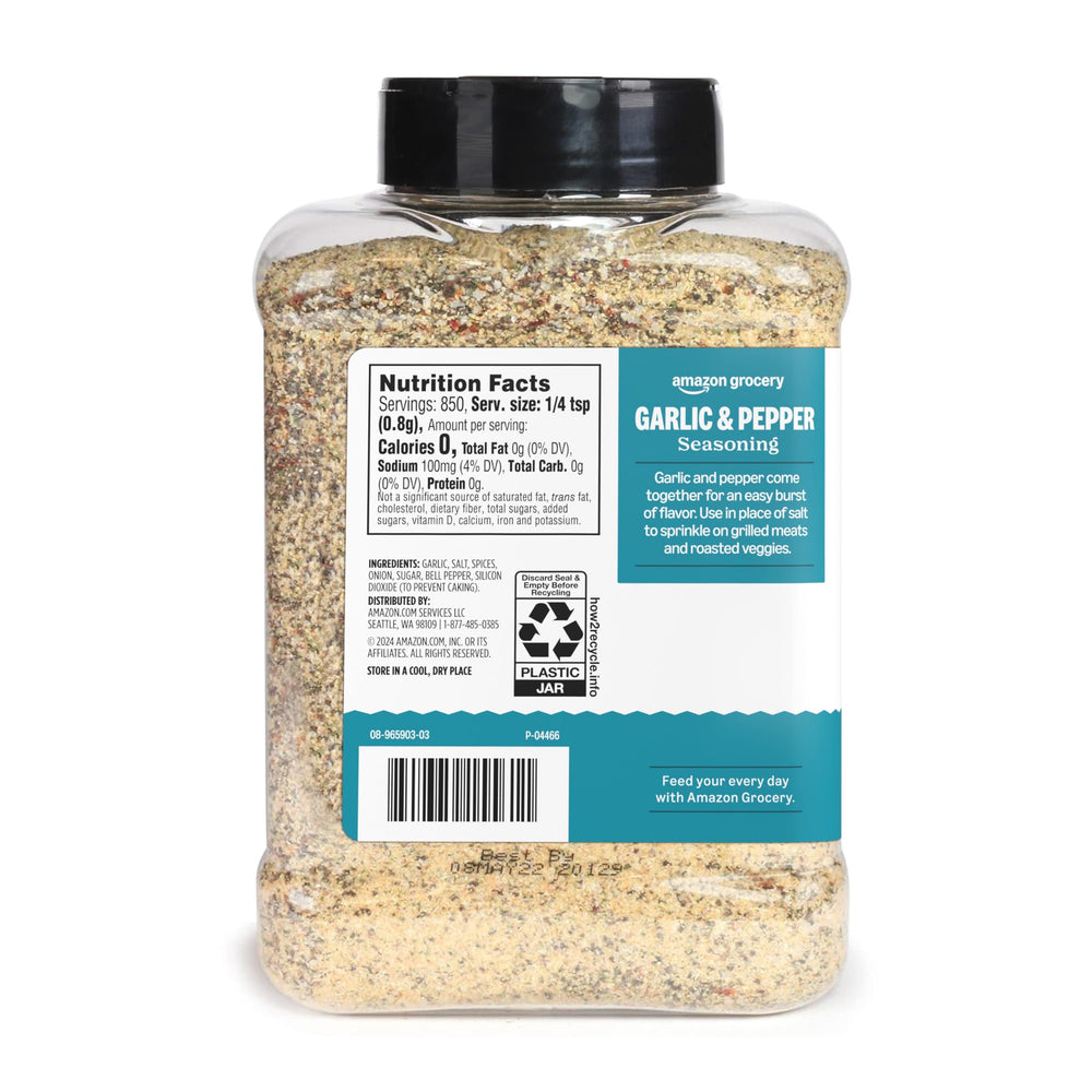 Amazon Grocery Garlic & Pepper Seasoning on pantry shelf, quick flavor boost
