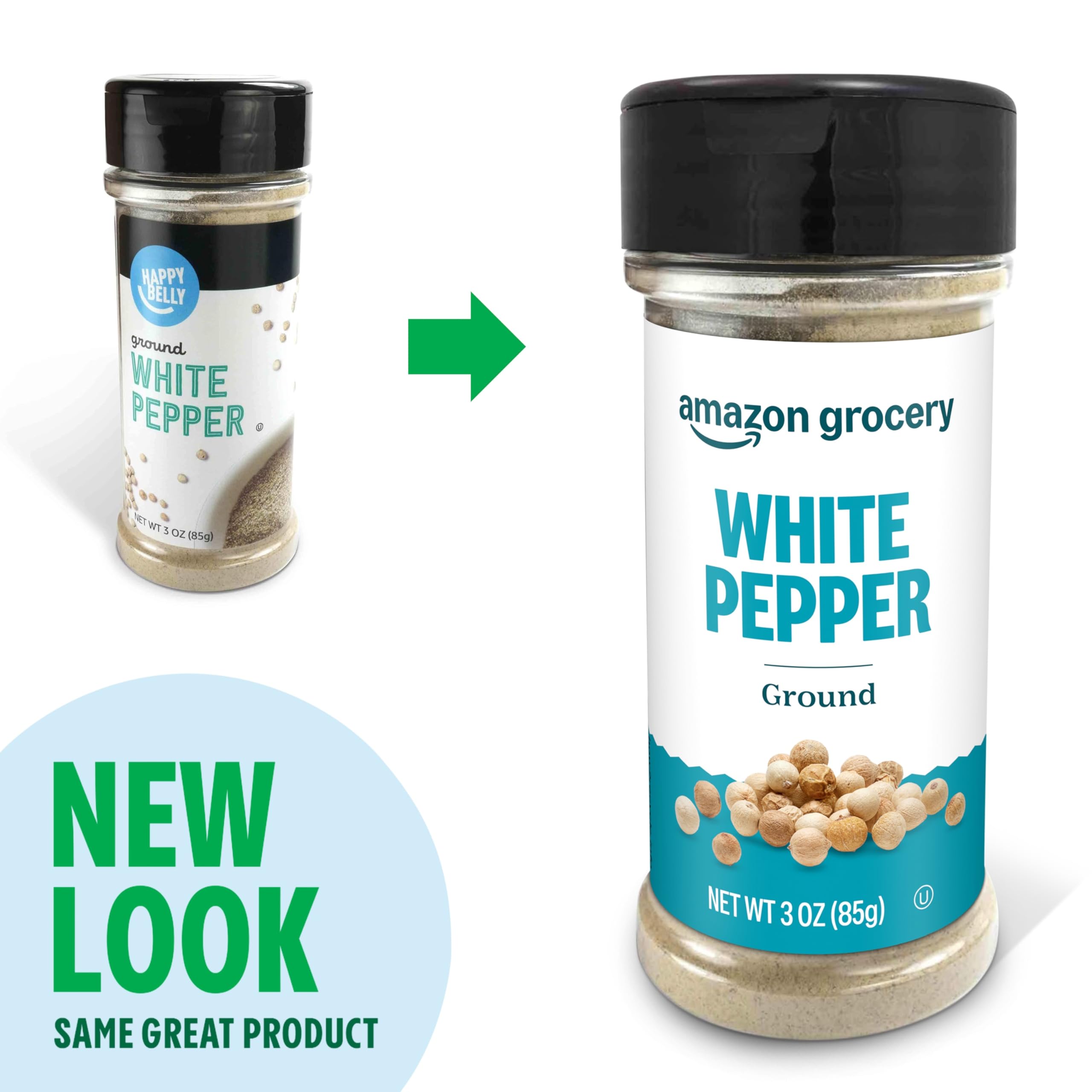 Amazon Grocery ground white pepper label close-up during packaging transition
