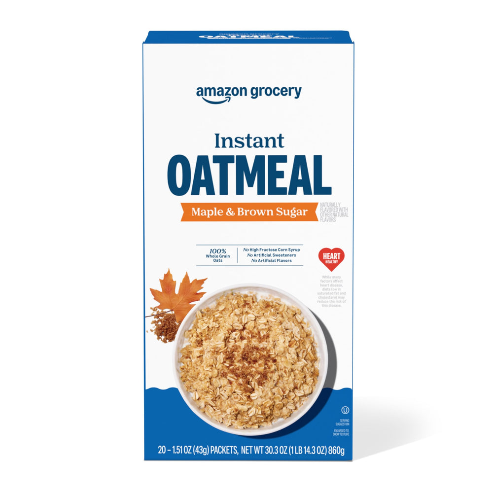 Amazon Grocery Maple and Brown Sugar Oatmeal packets for quick breakfasts.