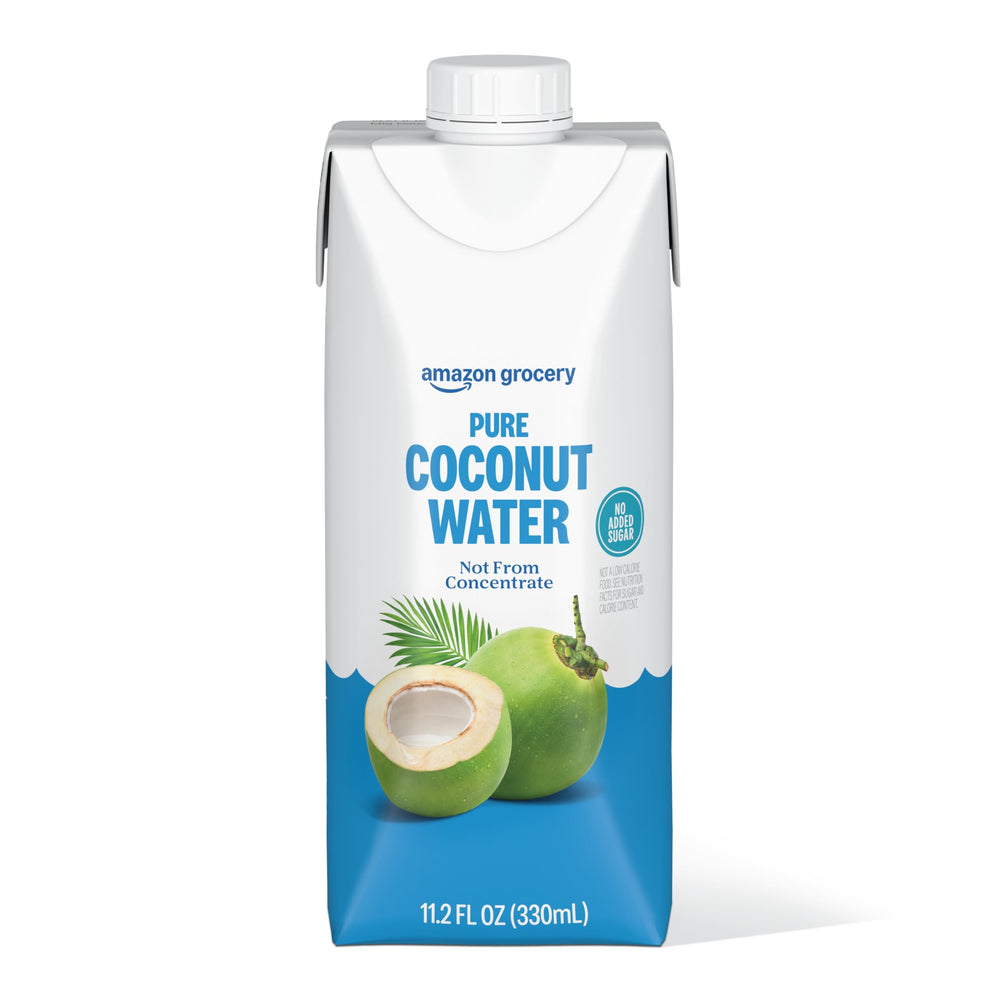 Amazon Grocery Not From Concentrate badge visible on coconut water can