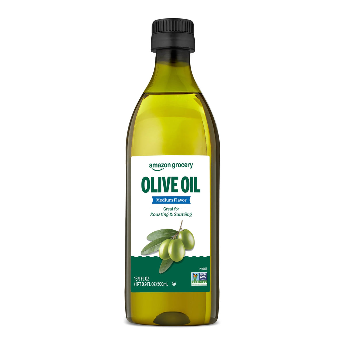 Amazon Grocery olive oil bottle on the counter for everyday cooking.