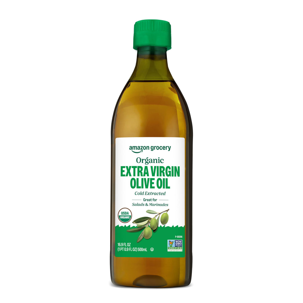 Amazon Grocery Organic Extra Virgin Olive Oil bottle for salads and cooking.
