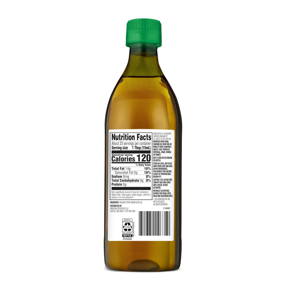 Amazon Grocery Organic EVOO label showing organic quality and purity.