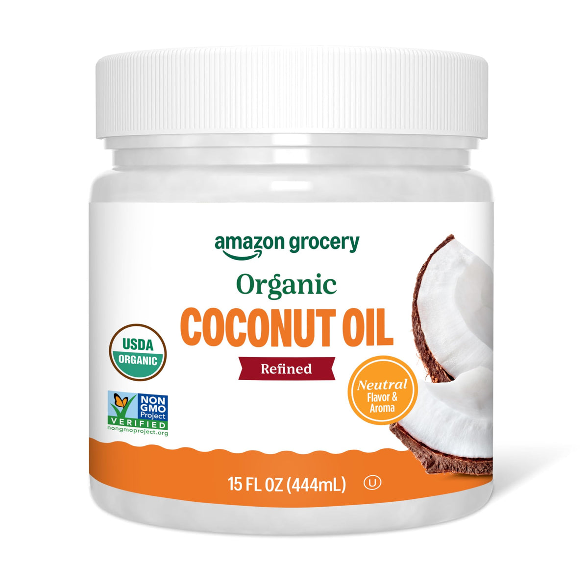 Amazon Grocery Organic Refined Coconut Oil jar on a kitchen counter for versatile cooking