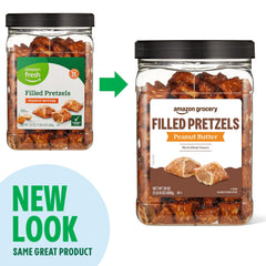 Amazon Grocery 24oz peanut butter filled pretzels in pantry for quick munchies.