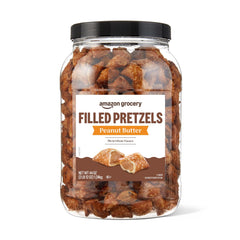 Amazon Grocery Peanut Butter Filled Pretzels 44 oz tub, bulk snack for parties.