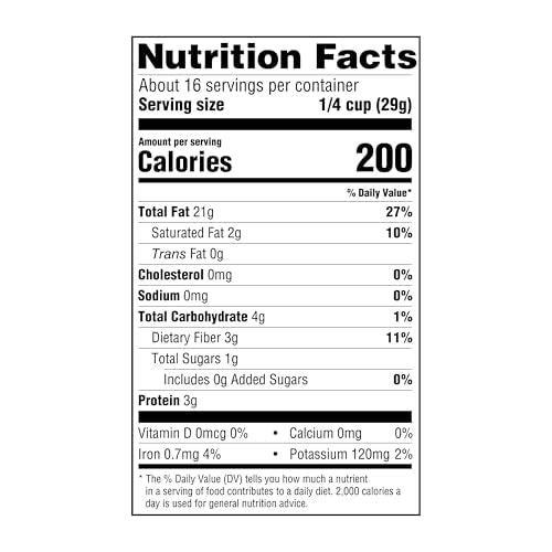 Amazon Grocery Pecan Halves nutrition label and serving idea for snacks.