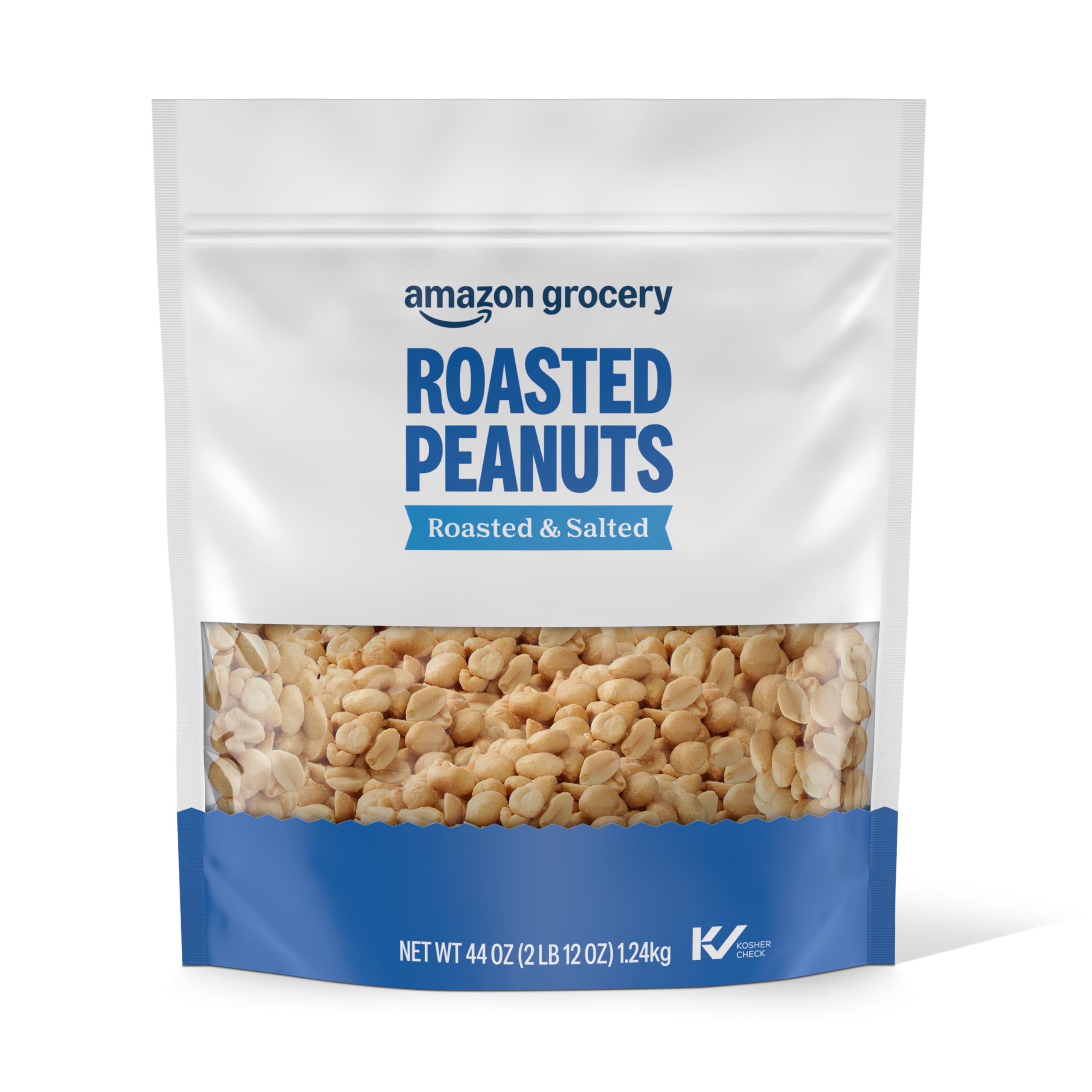 Amazon Grocery Roasted Peanuts 44 oz bag, ideal for snacking on the go.