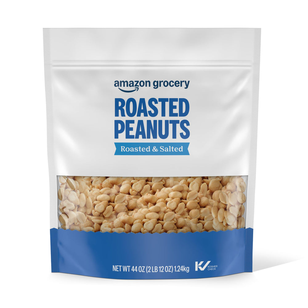 Amazon Grocery Roasted Peanuts 44 oz bag, ideal for snacking on the go.