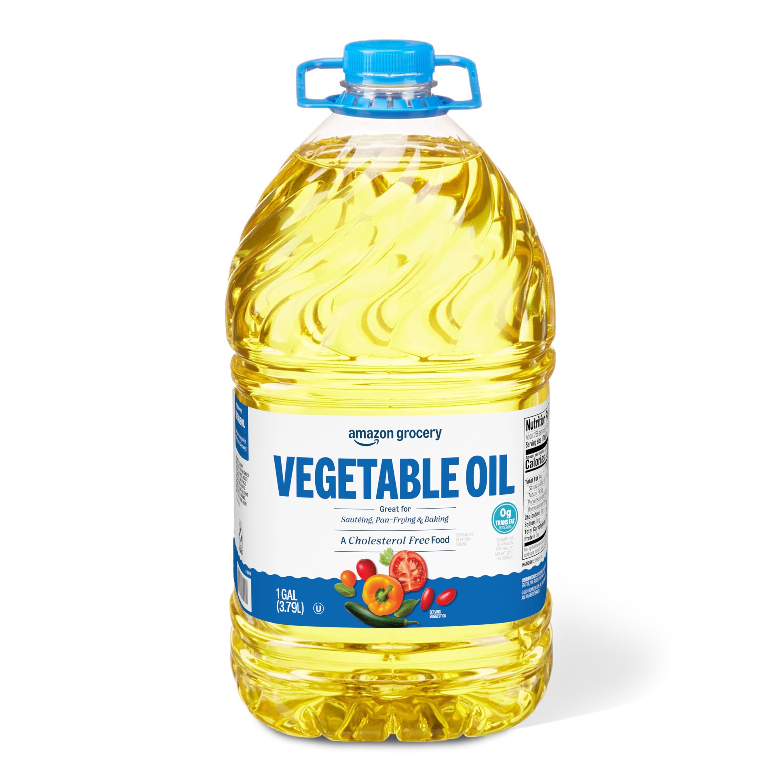 Amazon Grocery Vegetable Oil bottle, 128oz, ideal for sautéing and frying.