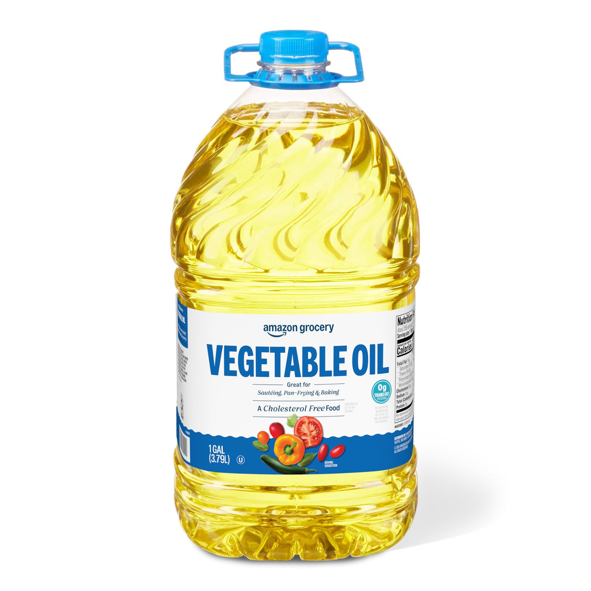 Amazon Grocery Vegetable Oil bottle, 128oz, ideal for sautéing and frying.