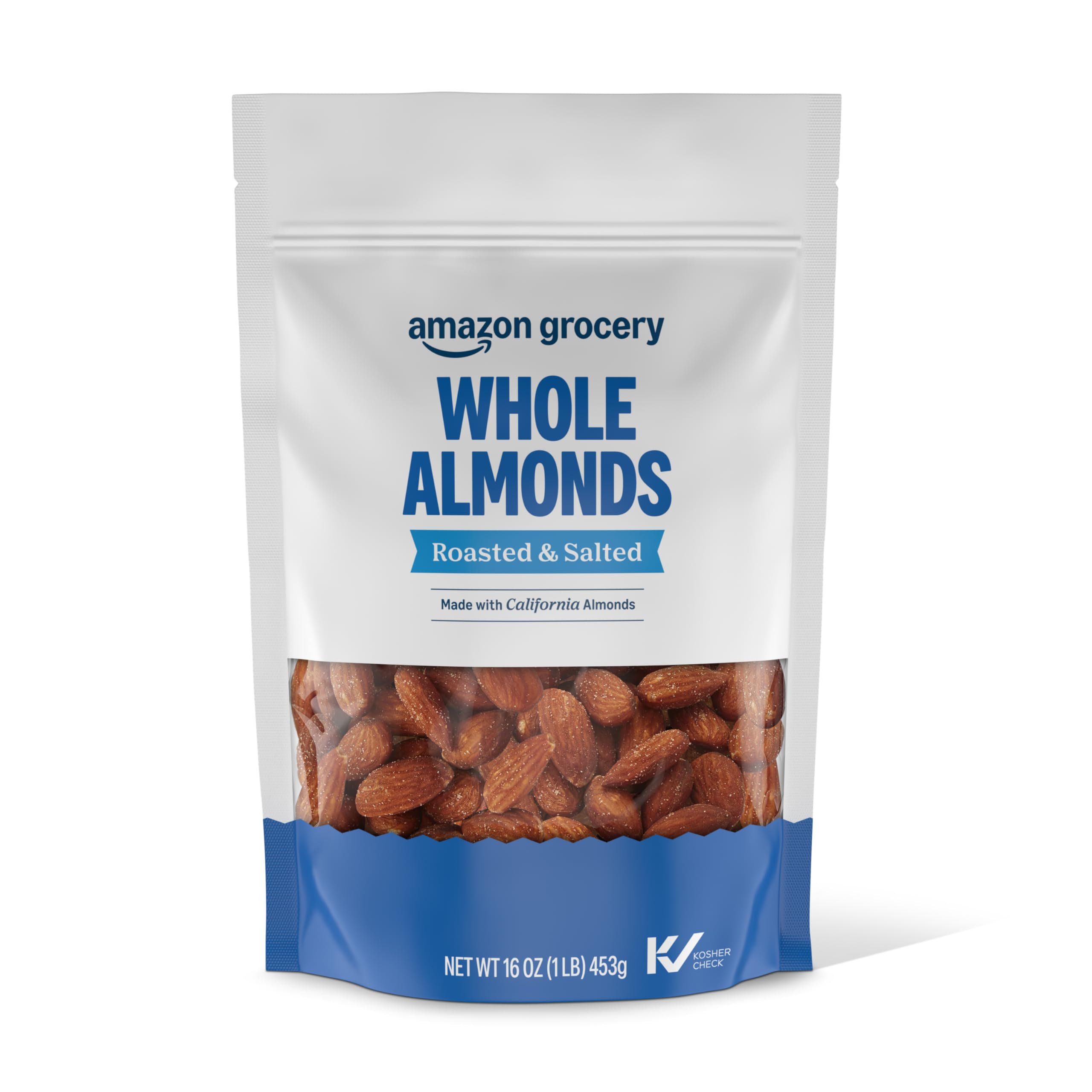 Amazon Grocery roasted salted almonds in 16 oz, ready to snack.