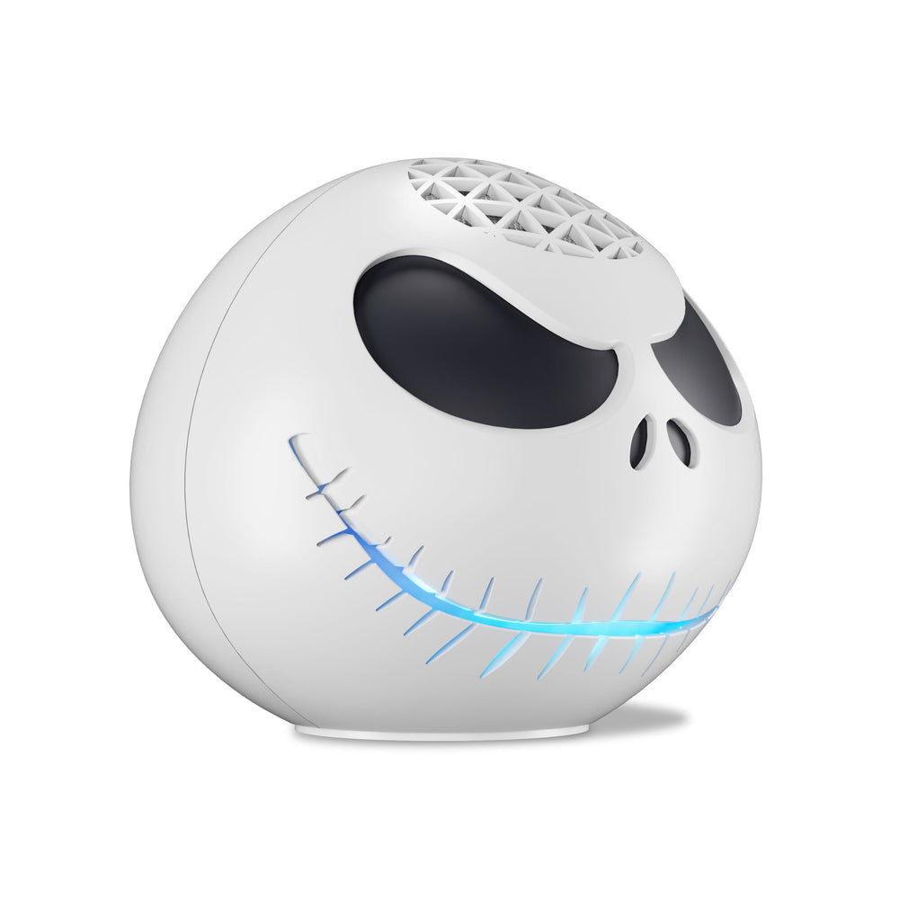 Amazon Jack Skellington shell on desk setup keeps Echo Dot accessible and decorative.
