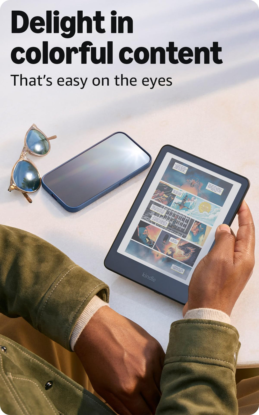 Amazon Kindle Colorsoft adjustable amber warm light supports reading in any daylight.