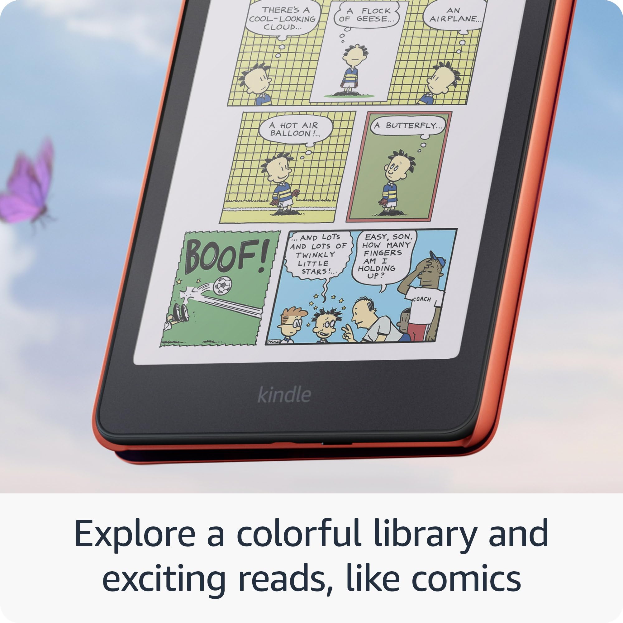 Amazon Kindle Colorsoft Kids color display makes covers and stories vivid during indoor reading.